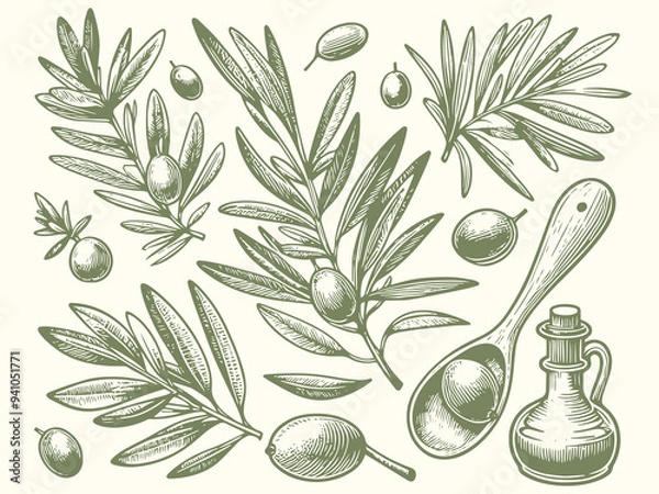 Fototapeta Detailed green drawing of an olive branch on a white background. Raster, generative ai.