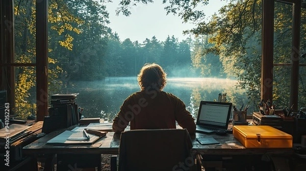 Fototapeta A writer engrossed in their work at a desk overlooking a tranquil lake, finding inspiration in the natural surroundings.