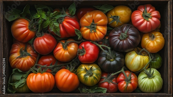 Fototapeta tomatoes in a box, a box filled with tomatoes of various sizes and types, red and yellow tomatoes, tomatoes in a market