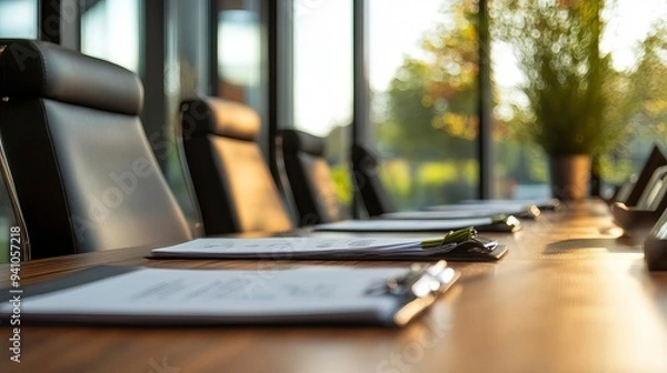Fototapeta A well-lit conference room with empty chairs and organized documents, ideal for meetings and collaboration.