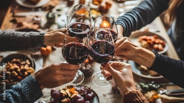 Fototapeta A group of friends toasting with wine glasses at the dining table, surrounded by food and decorations during the autumn season