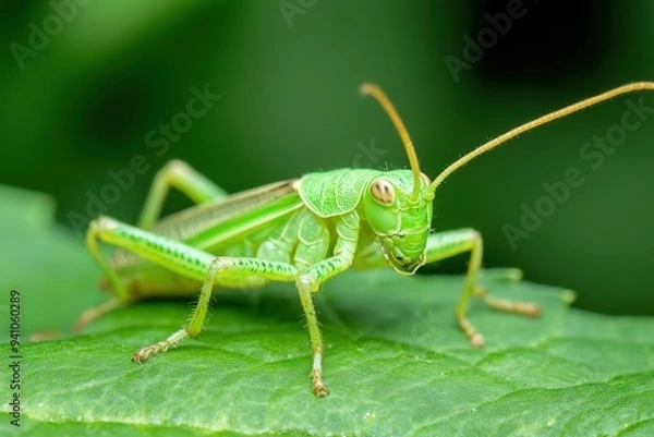 Fototapeta A vivid image of a bright green grasshopper rests on a vibrant leaf, capturing the essence of nature's beauty and the delicate balance within the insect world in exquisite detail.