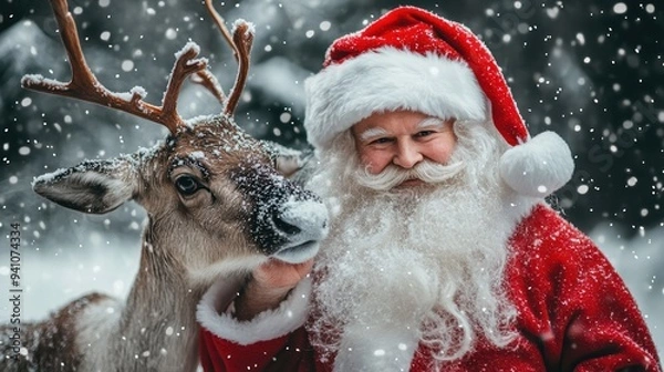 Fototapeta christmas and new year concept. santa claus with reindeer
