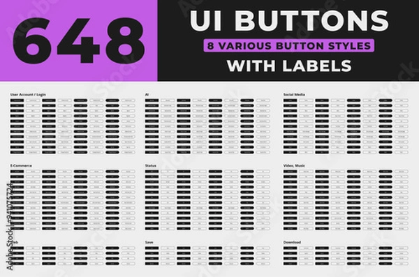 Obraz Set of 648 ui/ux buttons with labels about ai, social media, login, e-commerce, web, music, save, download and status