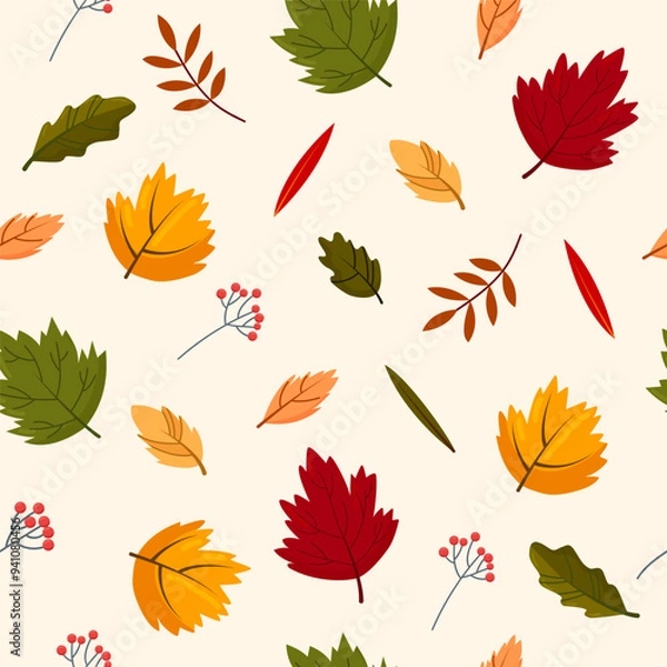 Fototapeta Autumn leaf seamless pattern. Cute colorful vector background with bright autumn leaves. Print on fabric, packaging, paper, wallpaper and other surfaces.