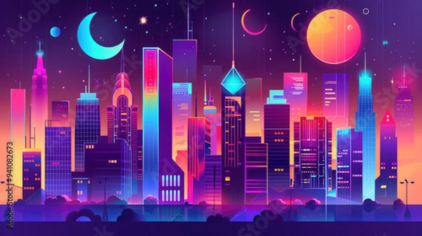 Fototapeta The skyline showcases tall skyscrapers lit in bright colors with two moons and a large planet visible in the twilight