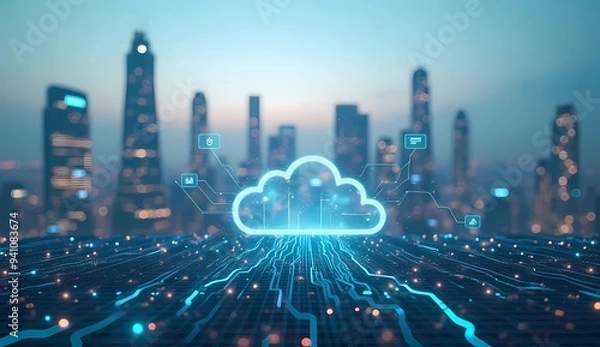 Fototapeta A city skyline is lit up with a large cloud in the middle. 
The cloud is surrounded by a network of wires and circuits, giving the impression of a futuristic cityscape. Scene is one of innovation