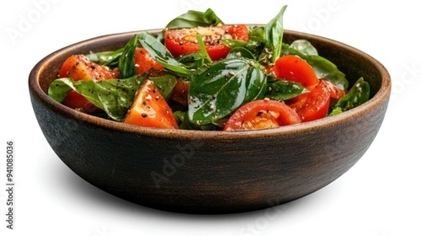 Fototapeta A fresh basil and tomato salad in a rustic wooden bowl - AI Generated Digital Art.