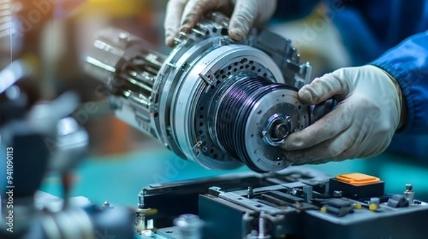 Fototapeta electric servo motor,Mechanic repairing AC servo motor, DC brush-less motor, and stepping motor in factory,electric servo motor cnc,close-up