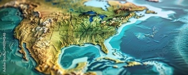 Fototapeta Topographic map showcasing diverse North American terrain.