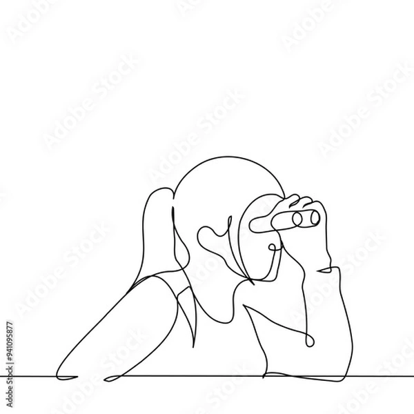 Fototapeta woman looking through binoculars - one line art vector. concept theater spectator, spy
