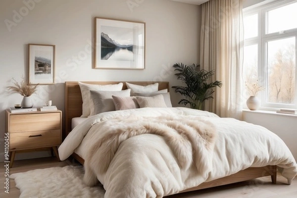 Fototapeta A Cozy Minimalist Bedroom with a Large Bed and Fluffy Blanket