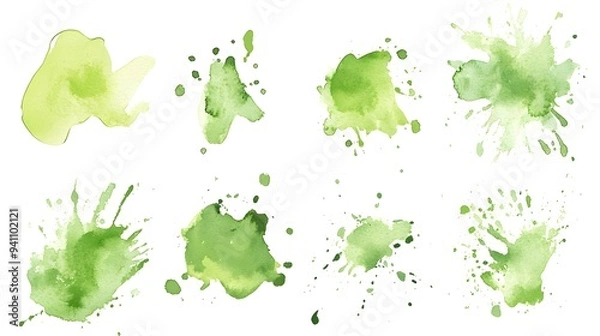 Obraz Set of abstract green watercolor water splash on a white background. Vector watercolor texture in salad color. Ink paint brush stain. Green splatters spot. Watercolor pastel splash