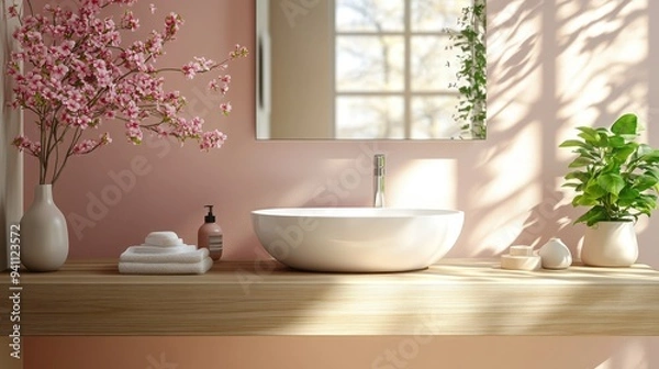 Fototapeta Modern Minimalist Bathroom with Elegant Sink and Natural Decor in Soft Pink and Green Tones