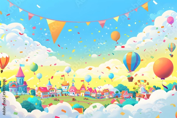 Fototapeta カラフルなパレードの町並み。 遊園地の華やかなお祭り気分