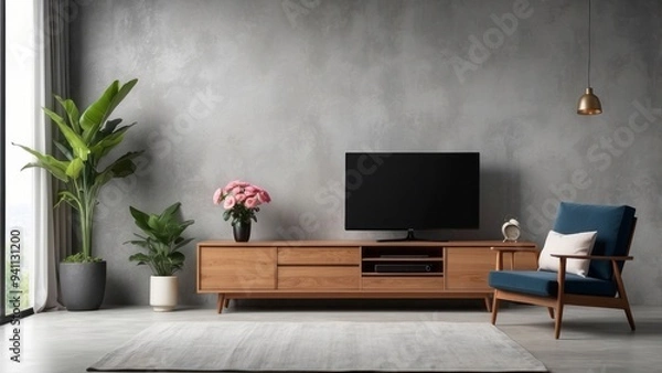 Fototapeta Modern Living Room with Wooden Entertainment Center, Blue Armchair, and Plants