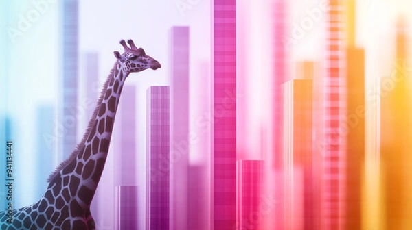 Fototapeta A towering giraffe formed from vertical columns of data in varying heights and colors, showcasing the reach and perspective of comprehensive data analysis.