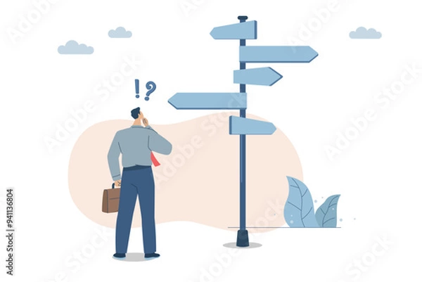 Fototapeta Difficulty in making decisions and finding the right business direction, Confusion with the various directional signs, Using vision to decide the path ahead, Business man are choosing business paths.