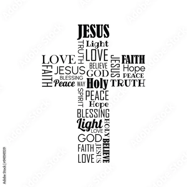 Obraz Vector illustration on Christian theme. Cross made of words.