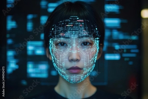 Obraz A digital portrait of a woman with a holographic face display, symbolizing technology and artificial intelligence.