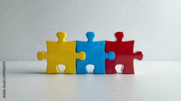 Fototapeta Colorful puzzle pieces aligned and bonded. Union concept, teamwork and business logo.