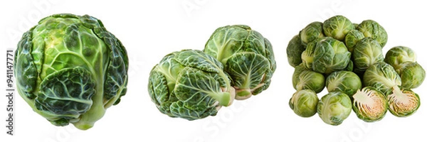 Obraz Fresh organic Brussels sprouts isolated on a transparent background showcasing vibrant green heads, perfect for healthy meals, vegan dishes, and nutritious diet options