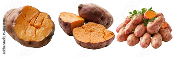 Obraz Fresh sweet potatoes with vibrant orange flesh isolated on transparent background, ideal for healthy recipes, cooking ingredients, and showcasing natural food textures
