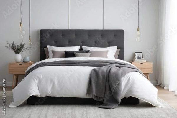 Fototapeta Gray tufted headboard bedroom with white bedding and throw blanket