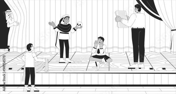 Fototapeta Theatre kids rehearsal Hamlet performance black and white line illustration. Young actors on stage theater 2D characters monochrome background. Extracurricular drama club outline vector image