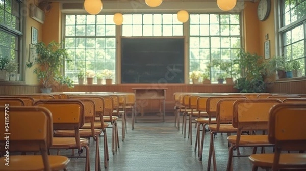 Fototapeta empty classroom with soft focus nostalgic atmosphere rows of desks bathed in natural light chalkboard in background quiet anticipation