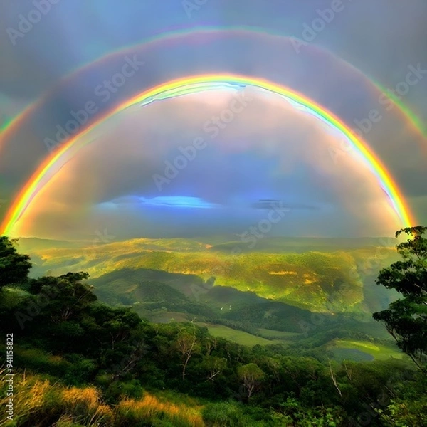 Fototapeta  a double rainbow arching over a lush landscape