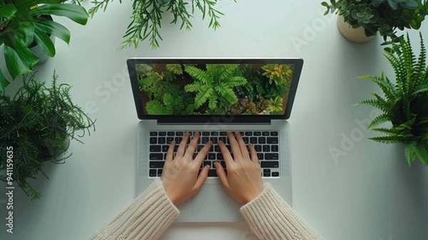 Fototapeta Woman hands typing on laptop computer keyboard. Generative AI