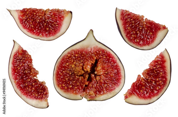 Obraz Fig raw fruit cut in half and slices with pulp close-up set isolated on white background