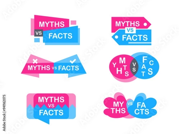 Obraz Colorful set of six logos showing the concept of myths versus facts, separating truth from lies