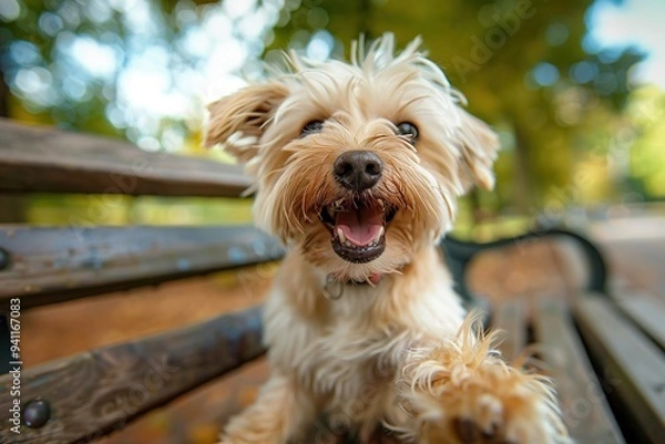 Fototapeta Dog taking a selfie and lying on a bench on blurred park background