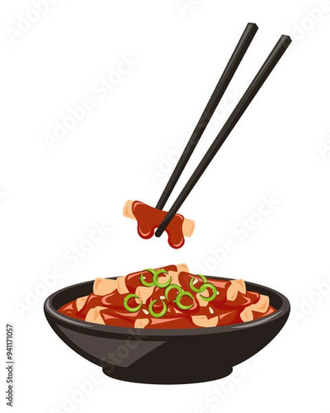 Fototapeta toppoki with chopstick illustration. korean food vector.