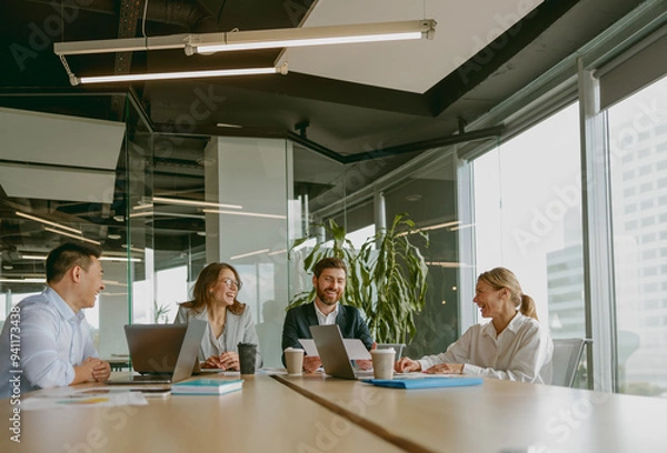 Fototapeta A team meeting occurs where professionals share valuable ideas and strategies in an inspiring office