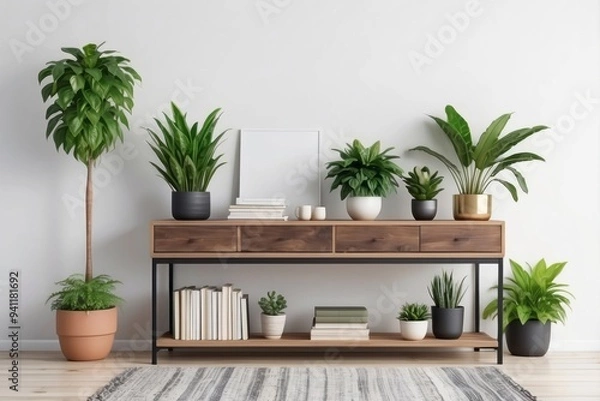Fototapeta Modern Console Table with Plants, Books, and Decor