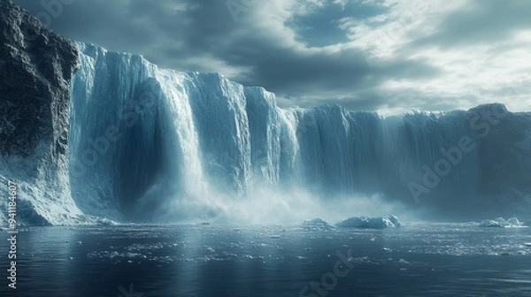 Fototapeta A stunning view of a massive waterfall cascading down icy cliffs into a calm, reflective body of water, under a dramatic sky filled with clouds