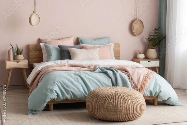 Fototapeta A Modern Bedroom with a  Pink Wall,  Light Blue Bedding, and a Woven Ottoman