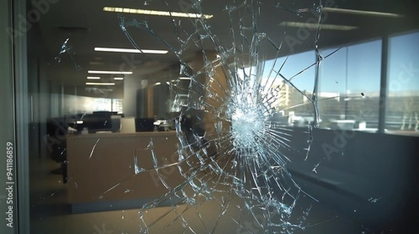 Fototapeta Impact and Fragmentation - Glass Partition Shattered by Elbow, Rear View