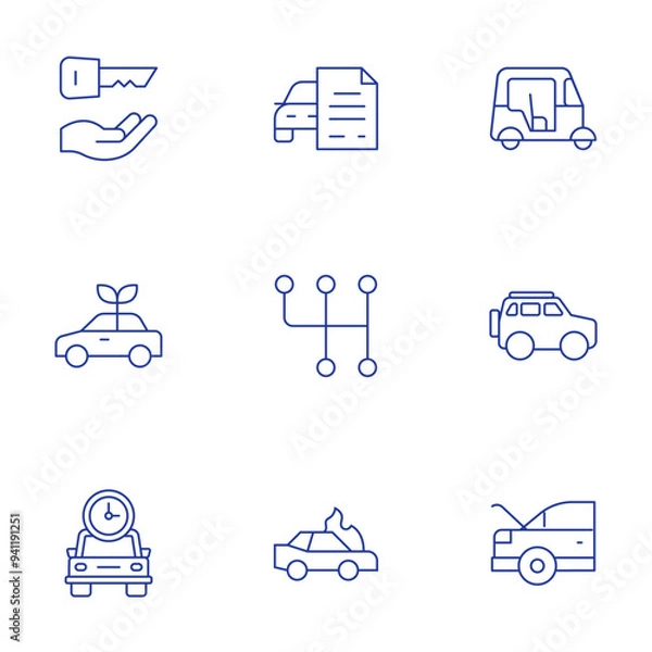 Fototapeta Car icons set. Thin Line style, editable stroke. duration, eco car, car key, rental, tuk tuk, gear, suv, fire, trunk