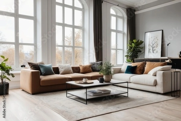 Fototapeta Modern Living Room with Large Windows, Leather Sofa, and Coffee Table