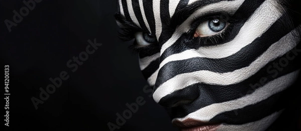 Fototapeta close up portrait woman with zebra makeup, isolated black background
