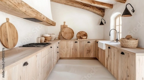 Obraz A rustic kitchen with reclaimed wood cabinets, an exposed wooden ceiling, and vintage-inspired decor, blending old-world charm with modern comfort