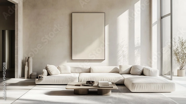 Fototapeta Modern luxury minimal interior of open space with design modular sofa, furniture, wooden coffee tables, pillows, olive plant and blank white painting to place your design on it. Stylish home living.