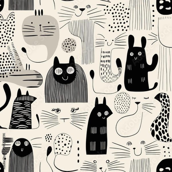 Obraz A black and white cat drawing with a smiling face. The cats are all different sizes and shapes, and some are sitting while others are standing. Scene is playful and whimsical