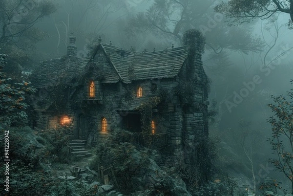 Fototapeta Hauntingly Beautiful Mystical House with Glowing Windows in a Dense Forest
