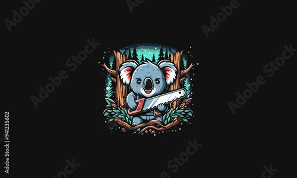 Fototapeta koala holding saw on forest vector illustration artwork design