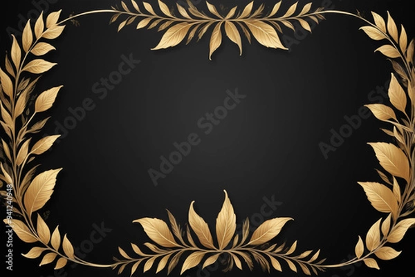 Fototapeta Golden floral background with frame, Elegant golden leaf border and large empty center for text with black back ground, AI Generated